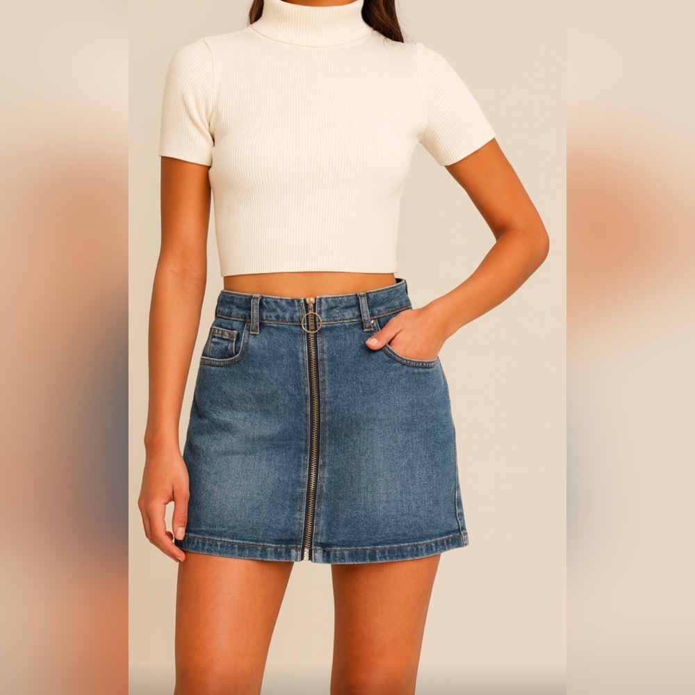 U2B Urban Basics Front Zipper Ring Denim Jean Mini Short Stretch Skirt Size M